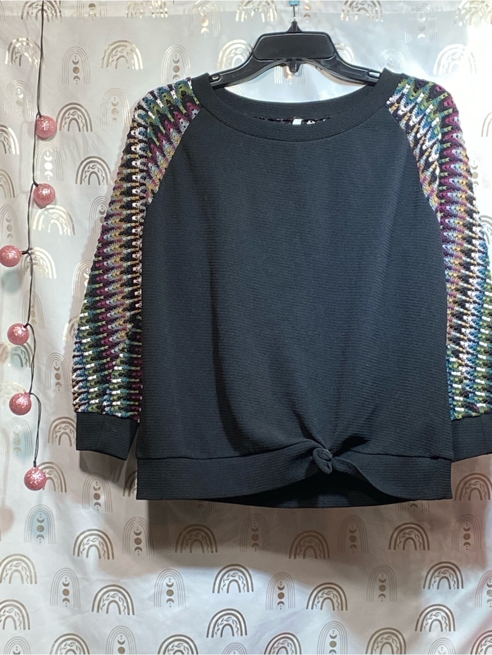 Sage Black Sweater with Multicolor Crochet-Style Sleeves